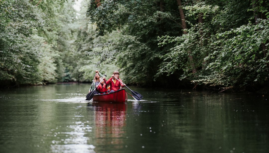 Natur hautnah erleben – Kanutour durch die idyllischen Wasserwege des Müritz-Nationalparks, umgeben von dichtem Grün und unberührter Natur., © 1000seen.de Zwei Personen paddeln im roten Kanu durch einen von Bäumen gesäumten Fluss im Müritz-Nationalpark.