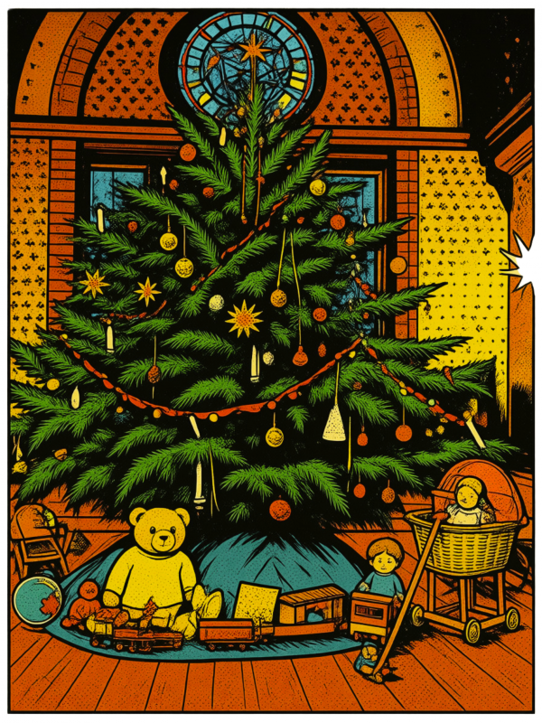De kerstboom in de feestzaal van het M&ouml;ckelhaus, in de stijl van een tekening uit een sprookjesboek. // &copy; Stadt- und B&auml;dermuseum Bad Doberan