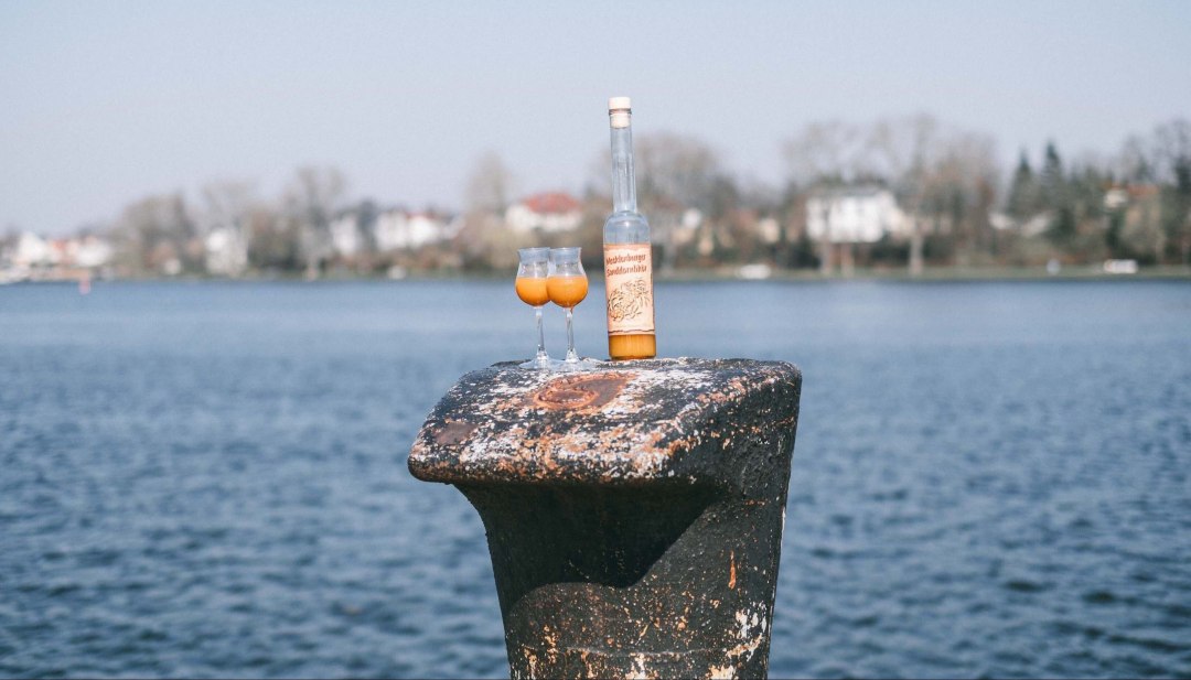 Sanddorn gibt es in unterschiedlichen Arten, sowohl auch als leckeren Likör zum Genießen an der Hafenkante., © TMV Mecklenburger Sanddornlikör mit zwei Gäsern steht am Hafen