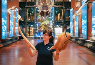 Eine Frau steht unter einem h&auml;ngenden Walskelett in einer Kirchenhalle und h&auml;lt Walbarten in den H&auml;nden, &copy; Anke Neumeister/Deutsches Meeresmuseum