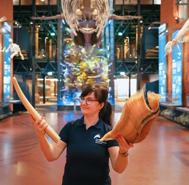Eine Frau steht unter einem h&auml;ngenden Walskelett in einer Kirchenhalle und h&auml;lt Walbarten in den H&auml;nden, &copy; Anke Neumeister/Deutsches Meeresmuseum