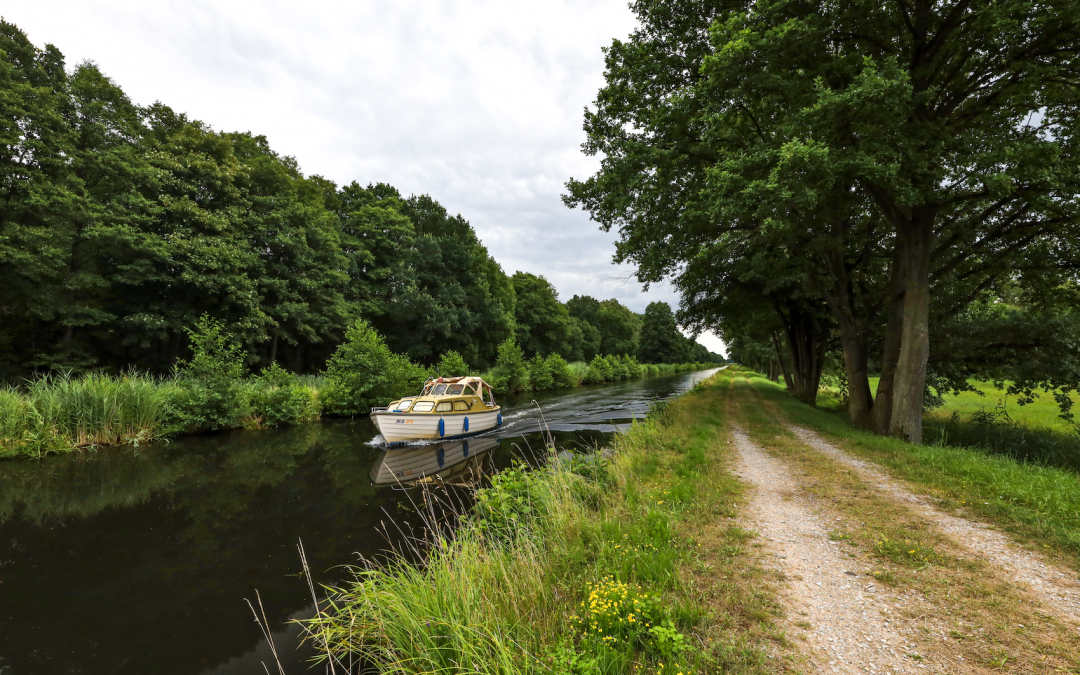 Entlang ruhiger Kan&auml;le in der Lewitz gleitet ein Boot vorbei an gr&uuml;nen Baumreihen. Ein schmaler Weg am Wasser l&auml;dt zum langsamen Entdecken ein &ndash; Mecklenburgische Natur zum Durchatmen, Friedrichsmoor inklusive. // &copy; MV-T/Gohlke