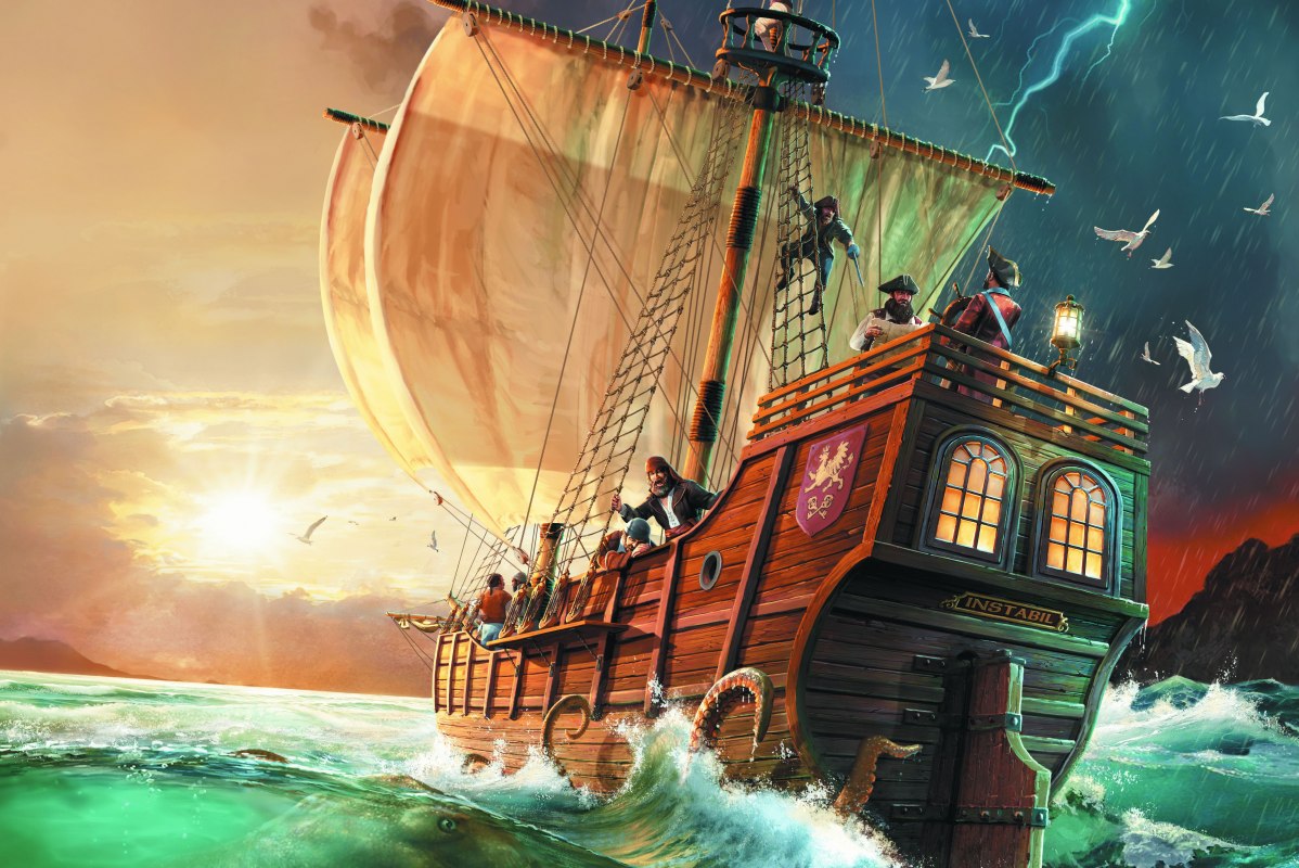 Spielcover - Piratenschiff im Sonnenuntergang // &copy; Stadtbibliothek Stralsund