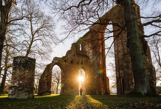 Sonnenstrahlen fallen durch die Backsteinb&ouml;gen der Klosterruine Eldena in Greifswald und werfen warme Lichtspuren auf das Gras.