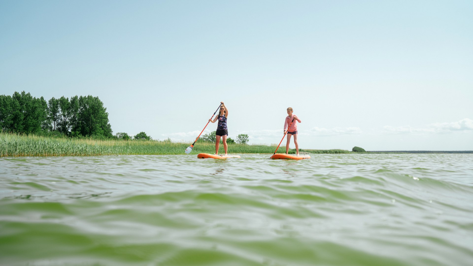 Eine Mutter paddelt mit ihrer Tochter auf Stand-Up-Paddle Boards auf dem Bodden bei Born auf dem Dar&szlig;