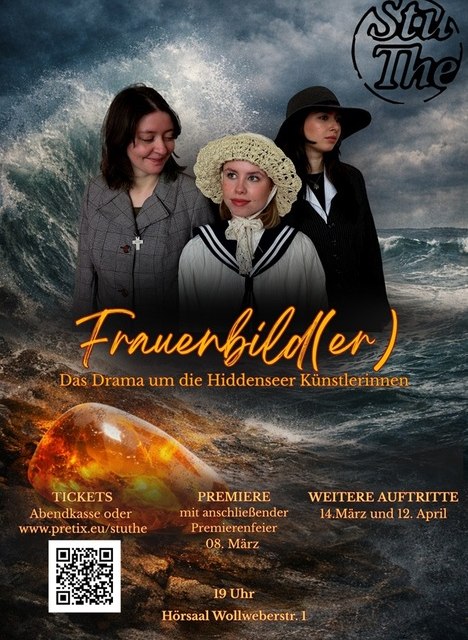 Flyermotiv zur Veranstaltung: 3 Frauen vor wogenden Wellen über dem Leuchten von Bernstein // © StuThe Greifswald e.V. Flyermotiv zur Veranstaltung: 3 Frauen vor wogenden Wellen über dem Leuchten von Bernstein // © StuThe Greifswald e.V.