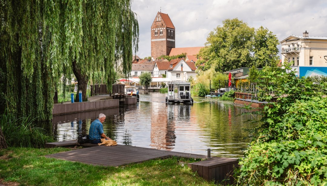 Een man zit met zijn hond aan de oever van een rivier in het centrum van Parchim, omringd door wilgenbomen en traditionele huizen op de achtergrond.