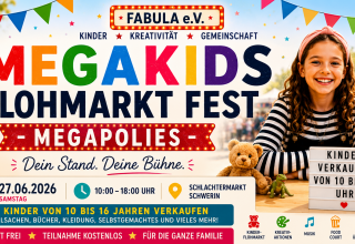 Veranstaltungsplakat des MEGAKIDS FLOHMARKT FEST in Schwerin am 27.06.2026. Kinderflohmarkt und Familienfest mit Kreativangeboten, Musik und Mitmachaktionen. // © Fabula Ukrainisch-Deutsches Zentrum e.V. Veranstaltungsplakat des MEGAKIDS FLOHMARKT FEST in Schwerin am 27.06.2026. Kinderflohmarkt und Familienfest mit Kreativangeboten, Musik und Mitmachaktionen. // © Fabula Ukrainisch-Deutsches Zentrum e.V.