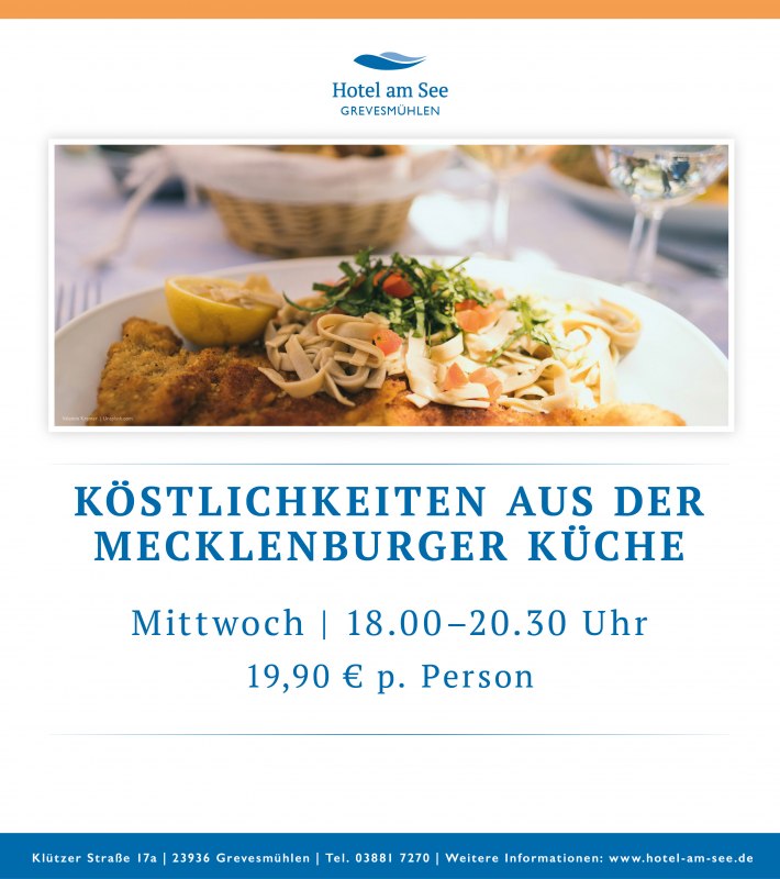 Rustiek bereide regionale specialiteiten uit Mecklenburg, zoals vis, vlees en verse bijgerechten, smakelijk gepresenteerd. // &copy; spreepiraten&reg;