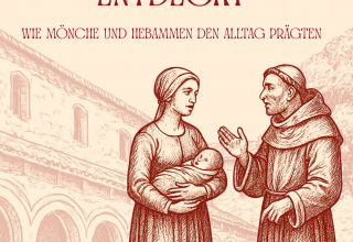 Ein M&ouml;nch und eine Hebamme mit einem S&auml;ugling auf dem Arm sind in ein Gespr&auml;ch vertieft. // &copy; Stadt- und B&auml;dermuseum Bad Doberan
