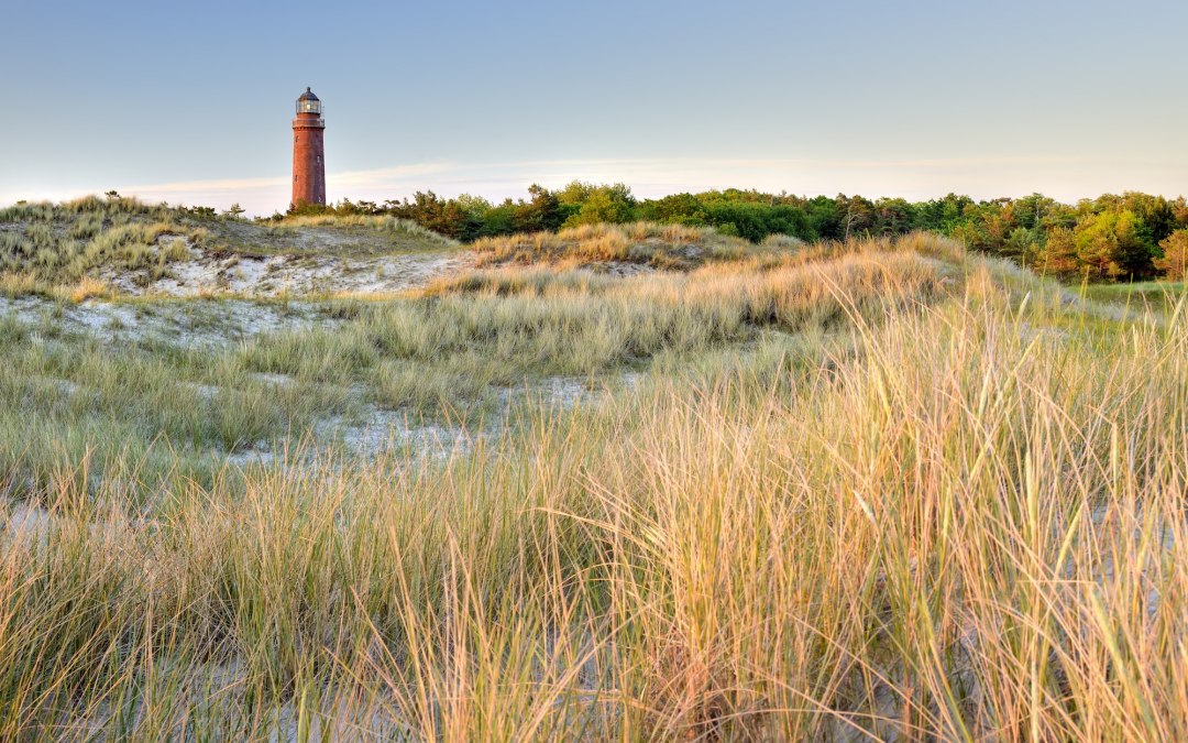 Der markante Dar&szlig;er Leuchtturm ragt aus der D&uuml;nenlandschaft bei Prerow empor. Goldenes D&uuml;nengras wiegt sich im Wind, w&auml;hrend der rote Turm den Blick &uuml;ber die weite K&uuml;stenlandschaft der Ostsee lenkt &ndash; ein Wahrzeichen zum Entdecken auf dem Dar&szlig;. // &copy; Francesco Carovillano