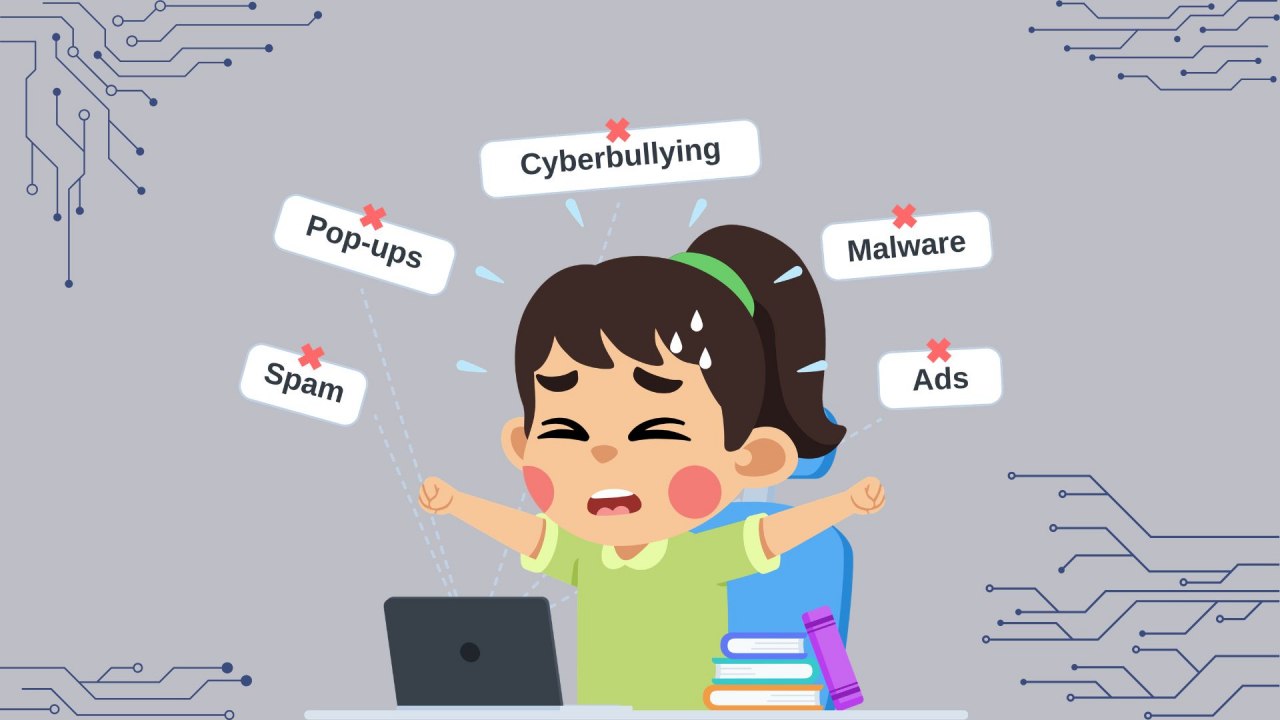Ein Kind wird mit Begriffen wie "Cybermobbing", "Werbung" oder "Malware" kofrontiert. Es sitzt vor einem Laptop und hat einen gestressten Gesichtsausdruck. // &copy; Stadtbibliothek Stralsund