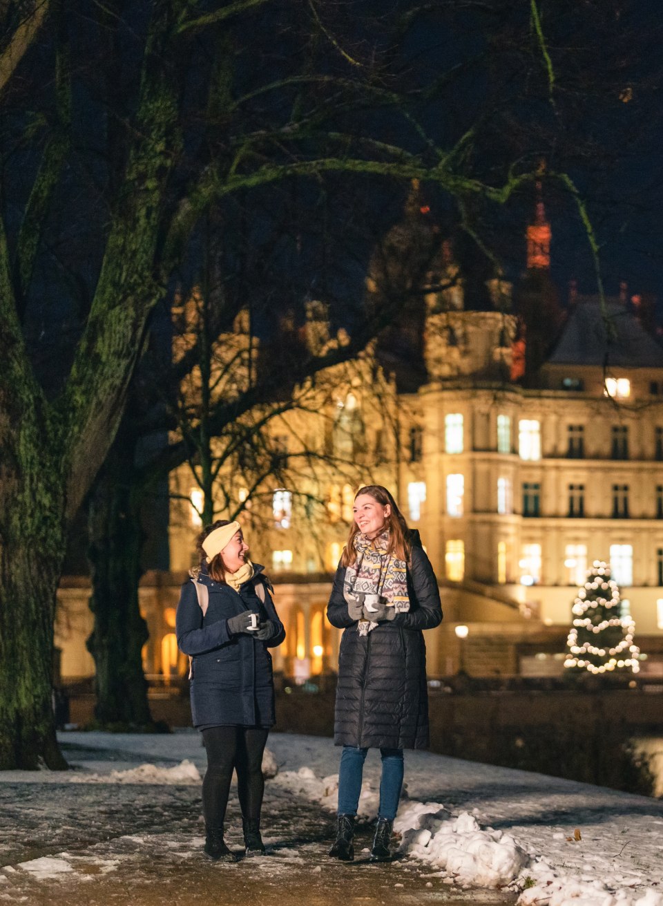 Festliche Stimmung auf dem Weihnachtsmarkt vor dem majest&auml;tischen Schweriner Schloss.