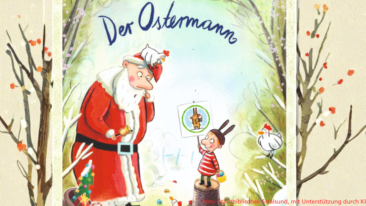 Buchcover - ein Weihnachtsmann steht vor einem Kind mit Hasenohren, &copy; Stadtbibliothek Stralsund