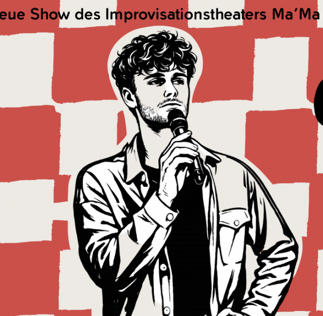 Eine Person mit Mikrofon vor einem rot-wei&szlig;-karierten Hintergrund // &copy; Eric Recknagel