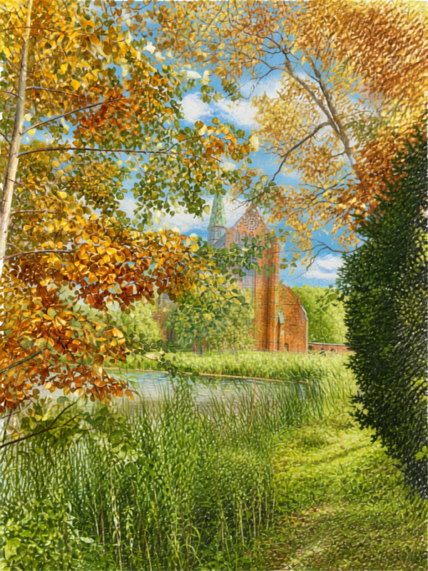 Udsigt over klosterdammen mod domkirken; farvelagt tegning, udformet med Canva efter et billedforlæg. // © Stadt- und Bädermuseum Bad Doberan Udsigt over klosterdammen mod domkirken; farvelagt tegning, udformet med Canva efter et billedforlæg. // © Stadt- und Bädermuseum Bad Doberan