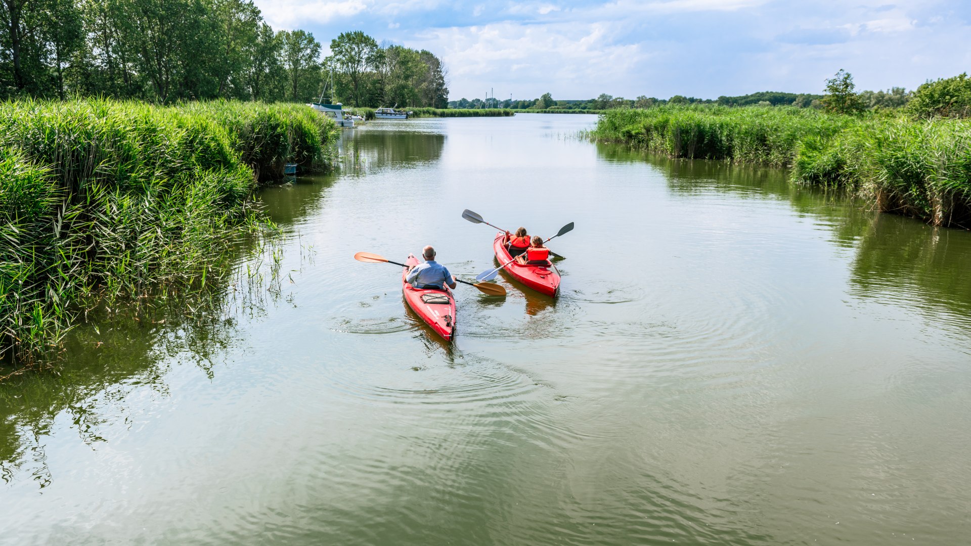 Kinderen peddelen met hun vader op het Achterwasser in rode kajaks.