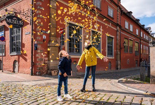 Herbstferien an der Mecklenburgischen Ostseeküste - in Wismar regnet’s bunte Blätter, © TMV/Tiemann Herbstferien an der Mecklenburgischen Ostseeküste und Kinder spielen mit den Herbstblättern vor dem Schabbell Museum.