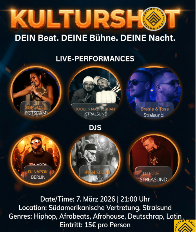 Dies ist der Veranstaltungsflyer mit Informationen zum Line-up (Künstler und DJs), dem Ort und den Eintrittspreisen., © Kulturshotevnts(Robert Kyei) Dies ist der Veranstaltungsflyer mit Informationen zum Line-up (Künstler und DJs), dem Ort und den Eintrittspreisen., © Kulturshotevnts(Robert Kyei)