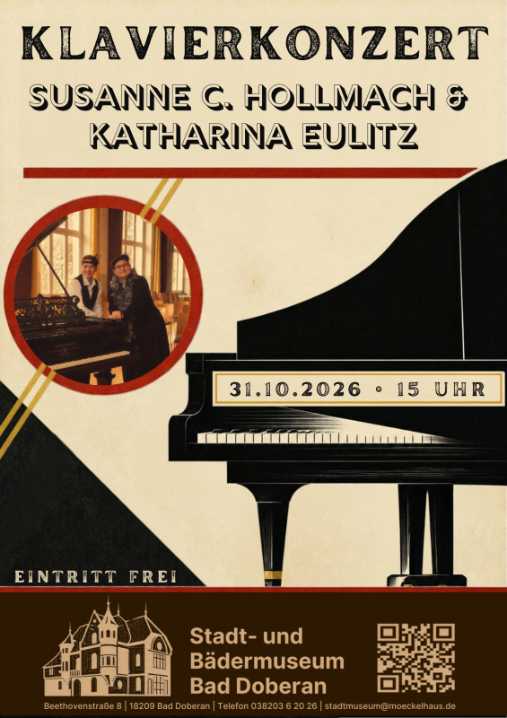 Ein Veranstaltungplakat im Stil der 1930er-Jahre. Ein Fl&uuml;gel und ein Bild der beiden Musikerinnen. // &copy; Stadt- und B&auml;dermuseum Bad Doberan
