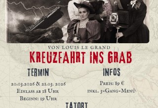 Flyer Krimi-Dinner Kreuzfahrt im Glück im Golfpark Strelasund inklusive drei Gang-Menü mit technischen Daten, © Golfpark Strelasund Flyer Krimi-Dinner Kreuzfahrt im Glück im Golfpark Strelasund inklusive drei Gang-Menü mit technischen Daten, © Golfpark Strelasund