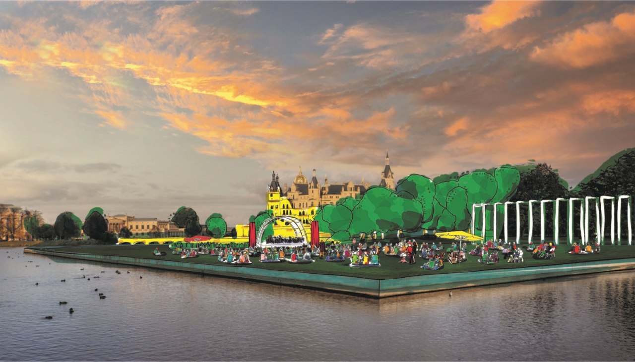 Eine Visualisierung der Schlossfestspiele auf der Schwimmenden Wiese in Schwerin in Sichtweite des Schweriner Schlosses., &copy; Mecklenburgisches Staatstheater