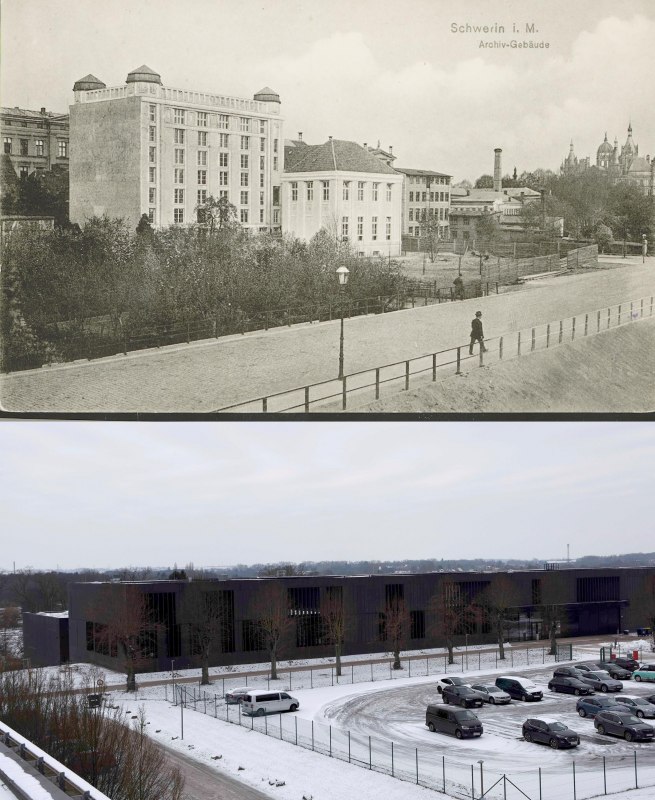 Postkarte des Geb&auml;udes des Geheimen und Hauptarchivs, um 1910/11 (LAMV, 13.2-1, Schwerin, Archiv 5) bzw. Blick auf das Depot- und Werkstattgeb&auml;ude, Febr. 2026 (&copy; LAMV, Stock), &copy; LAKD, Abt. LAMV