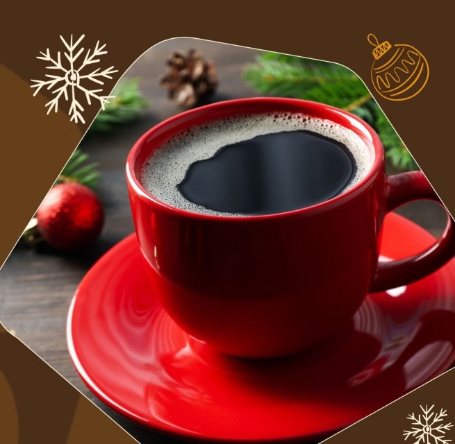 Rote Tasse mit Kaffee mit weihnachtlichem Hintergrund und grafischen Elementen, © Zoo Schwerin Rote Tasse mit Kaffee mit weihnachtlichem Hintergrund und grafischen Elementen, © Zoo Schwerin