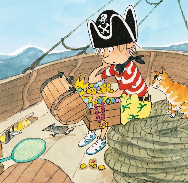 Ein kleiner Pirat durchsucht eine Schatzkiste voller Gold. Neben ihm sitz eine orange Katze auf einem Haufen Seile. Alle befinden sich auf einem Schiff. // &copy; Stadtbibliothek Stralsund