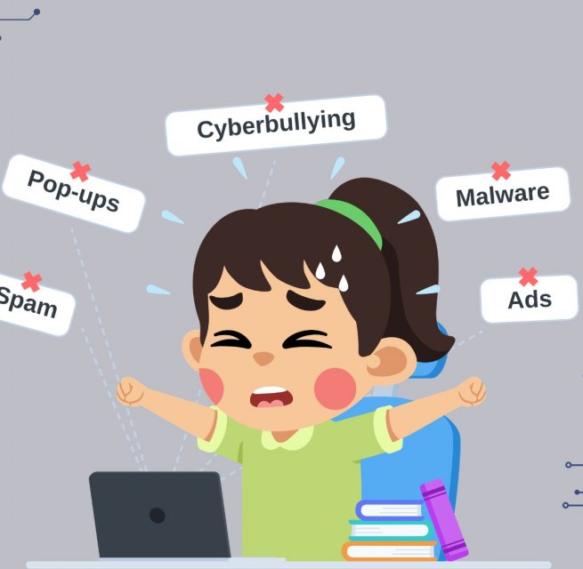 Ein Kind wird mit Begriffen wie "Cybermobbing", "Werbung" oder "Malware" kofrontiert. Es sitzt vor einem Laptop und hat einen gestressten Gesichtsausdruck. // &copy; Stadtbibliothek Stralsund