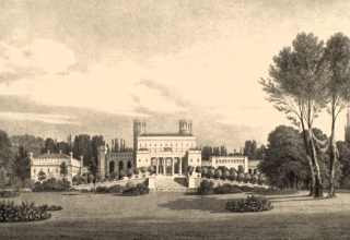 Bad Muskau, Schlo&szlig; und Rampe vom bowling green aus gesehen,                                                                                                                              tab. XV aus: Andeutungen &uuml;ber Landschaftsg&auml;rtnerei von Hermann F&uuml;rst von P&uuml;ckler-Muskau, 1834, &copy; W. Schirmer