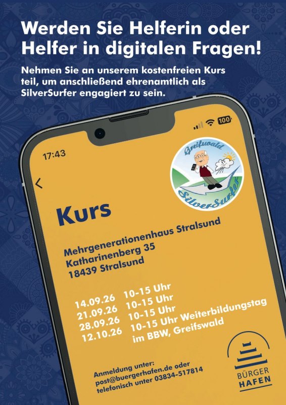 Flyer SilverSurfer-Kurs Stralsund // © Pommerscher Diakonieverein e. V. Bürgerhafen Flyer SilverSurfer-Kurs Stralsund // © Pommerscher Diakonieverein e. V. Bürgerhafen