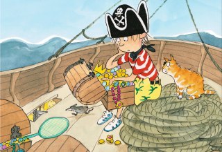 Ein kleiner Pirat durchsucht eine Schatzkiste voller Gold. Neben ihm sitz eine orange Katze auf einem Haufen Seile. Alle befinden sich auf einem Schiff. // © Stadtbibliothek Stralsund Ein kleiner Pirat durchsucht eine Schatzkiste voller Gold. Neben ihm sitz eine orange Katze auf einem Haufen Seile. Alle befinden sich auf einem Schiff. // © Stadtbibliothek Stralsund