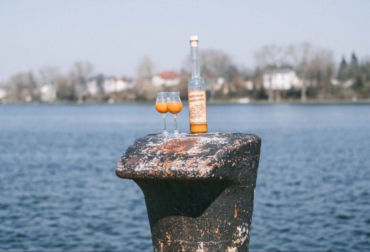 Mecklenburger Sanddornlikör mit zwei Gäsern steht am Hafen // Sanddorn gibt es in unterschiedlichen Arten, sowohl auch als leckeren Likör zum Genießen an der Hafenkante. // © TMV Mecklenburger Sanddornlikör mit zwei Gäsern steht am Hafen
