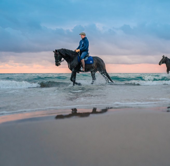 Zwei Reiter auf dem Pferd machen Strandreiten zum Sonnenuntergang an der Ostsee auf der Halbinsel Fischland-Dar&szlig;-Zingst