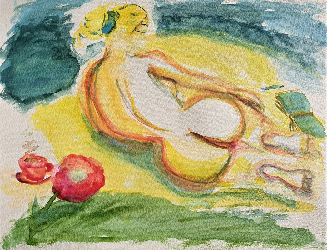 weiblicher Akt am Strand von Bansin, mit Buch und Schreibstift und Cappuccinotasse Aquarellmischtechnik mit Farben und Stiften auf Papier // &copy; Heike Dittrich