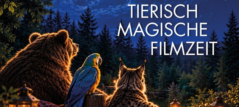 Ein Bild zur Bewerbung der Tierisch-magischen Filmzeit im Zoo Rostock auf dem ein B&auml;r, ein Papagei und ein Luchs gemeinsam auf einer Decke zwischen Laternen und Popcorn im Wald sitzen. // &copy; Zoo Rostock