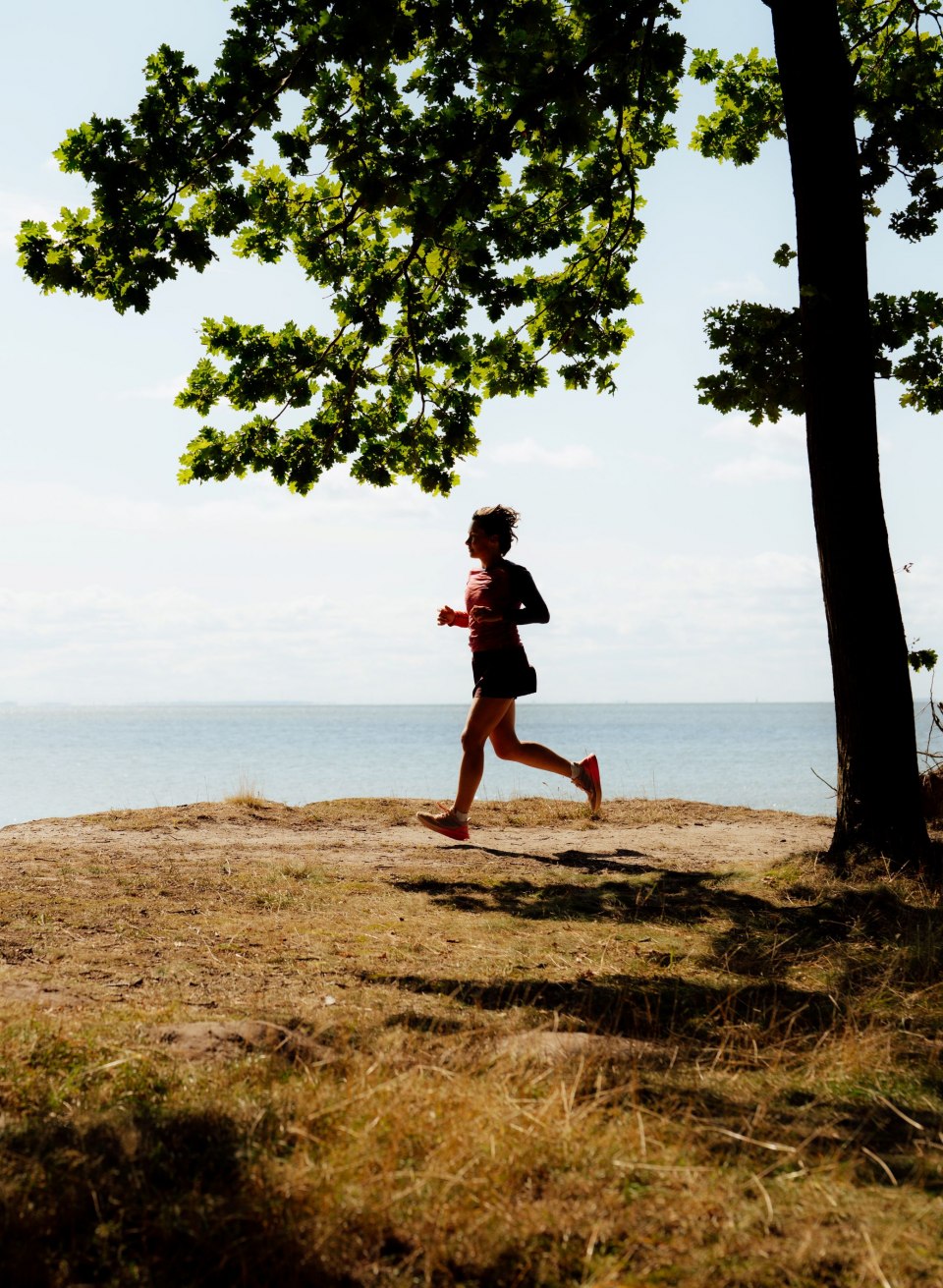 Eine Joggerin läuft an der Küste von Wreechen auf Rügen unter Bäumen, im Hintergrund glitzert das Meer. // An der Küste auf Rügen läuft sich Maria den Kopf frei – unter alten Bäumen, mit weitem Blick über das Wasser. // © MV-T/Petermann Eine Joggerin läuft an der Küste von Wreechen auf Rügen unter Bäumen, im Hintergrund glitzert das Meer.