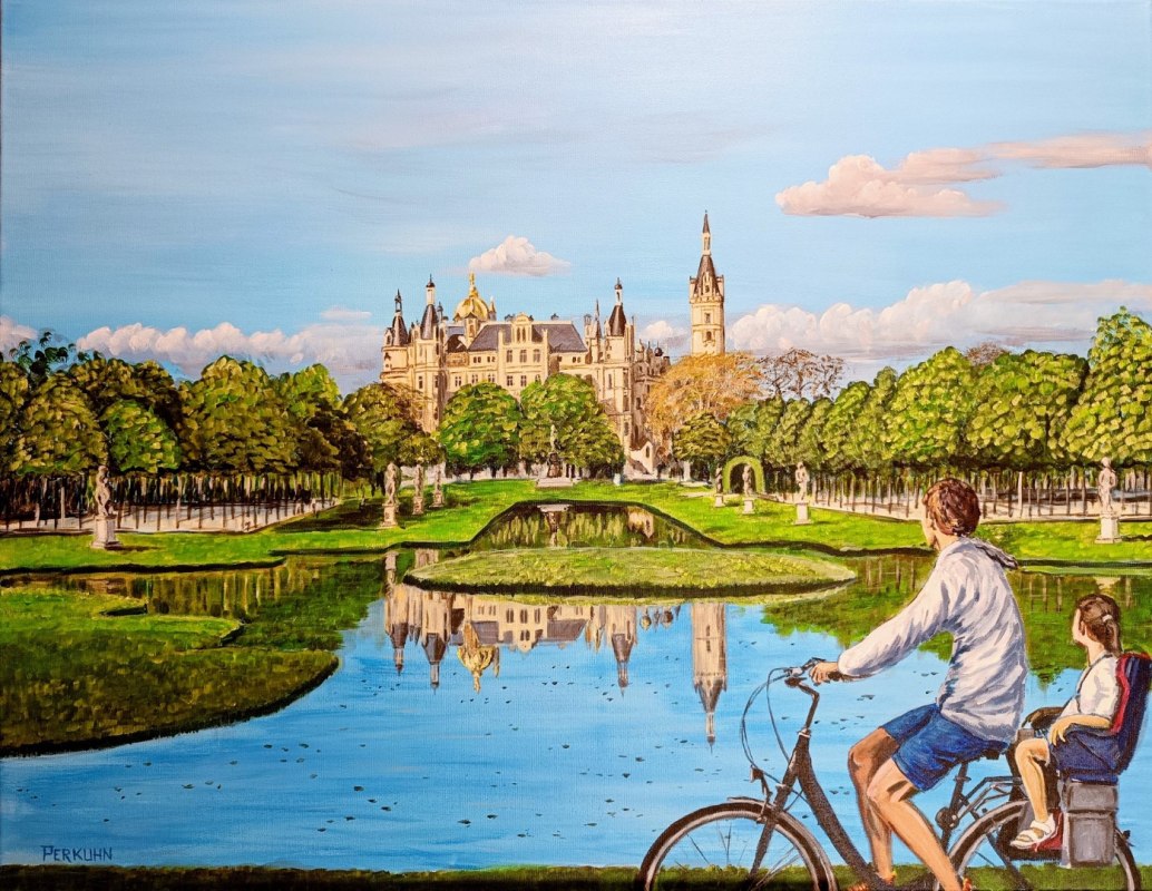 handgemaltes Acrylbild auf Leinwand "Schweriner Schlo&szlig; mit Kreuzkanal" // &copy; Ren&eacute; Perkuhn