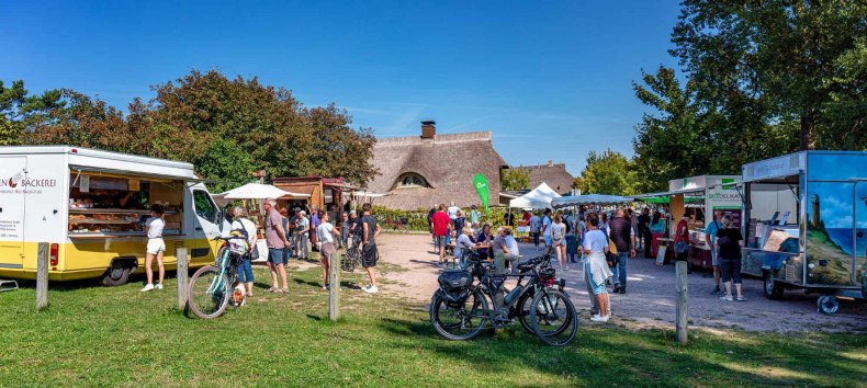 Der Ahrenshooper Sommerfrischemarkt l&auml;dt in entspannter Atmosph&auml;re zum St&ouml;bern und Genie&szlig;en ein. Zwischen traditionellen reetgedeckten H&auml;usern pr&auml;sentieren regionale H&auml;ndler an ihren Verkaufsanh&auml;ngern ein vielf&auml;ltiges Angebot &ndash; von frischen Backwaren bis hin zu Bio-Delikatessen. Das Bild zeigt das lebendige Treiben unter freiem Himmel, bei dem Besucher mit dem Fahrrad anreisen und an kleinen Tischen verweilen, um das typische Flair der Ostseeregion zu erleben. // &copy; Fa. Voigt & Kranz UG, Prerow