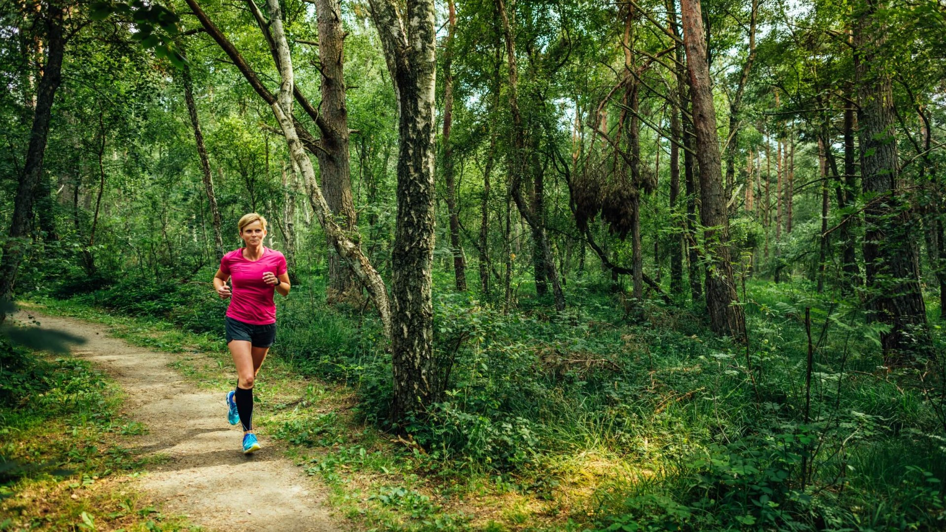 Joggerin im Naturschutzgebiet Ribnitzer Großes Moor // Die kühle Waldluft und der federnde Boden ... im Naturschutzgebiet Ribnitzer Großes Moor tun gut bei einem langen Lauf // © MV-T/Tiemann Joggerin im Naturschutzgebiet Ribnitzer Großes Moor