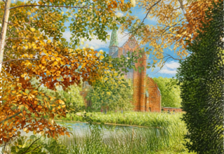 Blick &uuml;ber den Klosterteich auf das M&uuml;nster; kolorierte Zeichnung, gestaltet mit Canva nach einer Bildvorlage. // &copy; Stadt- und B&auml;dermuseum Bad Doberan