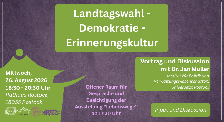 Zu sehen sind die Eckdaten der Veranstaltung (Titel, zeit, Ort) in grünen Kästen auf einem lila Hintergrund. // © Diên Hông – Gemeinsam unter einem Dach e.V. Zu sehen sind die Eckdaten der Veranstaltung (Titel, zeit, Ort) in grünen Kästen auf einem lila Hintergrund. // © Diên Hông – Gemeinsam unter einem Dach e.V.