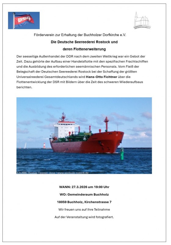 Einladung zur Veranstaltung - Die Deutsche Seereederei und deren Flottenerweiterung, &copy; F&ouml;rderverein zur Erhaltung der Dorfkirche Buchholz e. V.