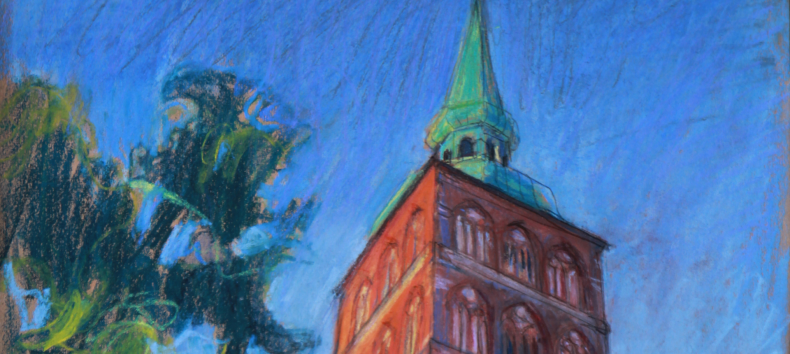 gezeichneter Kirchenturm mit gr&uuml;ner Baumkrone vor blauem Himmel // &copy; Hilmar Noerenberg