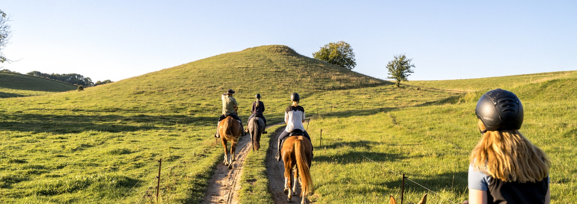 Rijden in de Recknitz vallei bij zonsopgang - met groene heuvels