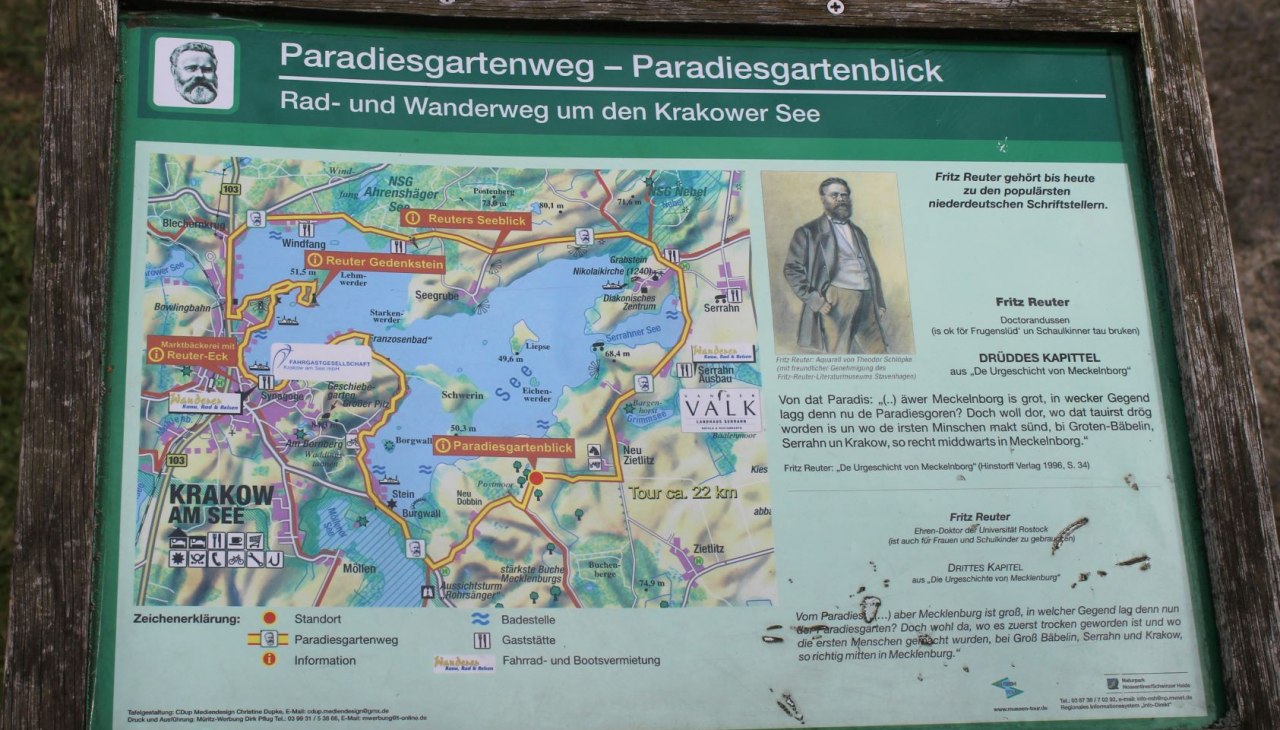 Informationstafel zur Aussichtskanzel Reuters Paradiesgartenblick, © Touristinformation Krakow am See Informationstafel zur Aussichtskanzel Reuters Paradiesgartenblick, © Touristinformation Krakow am See