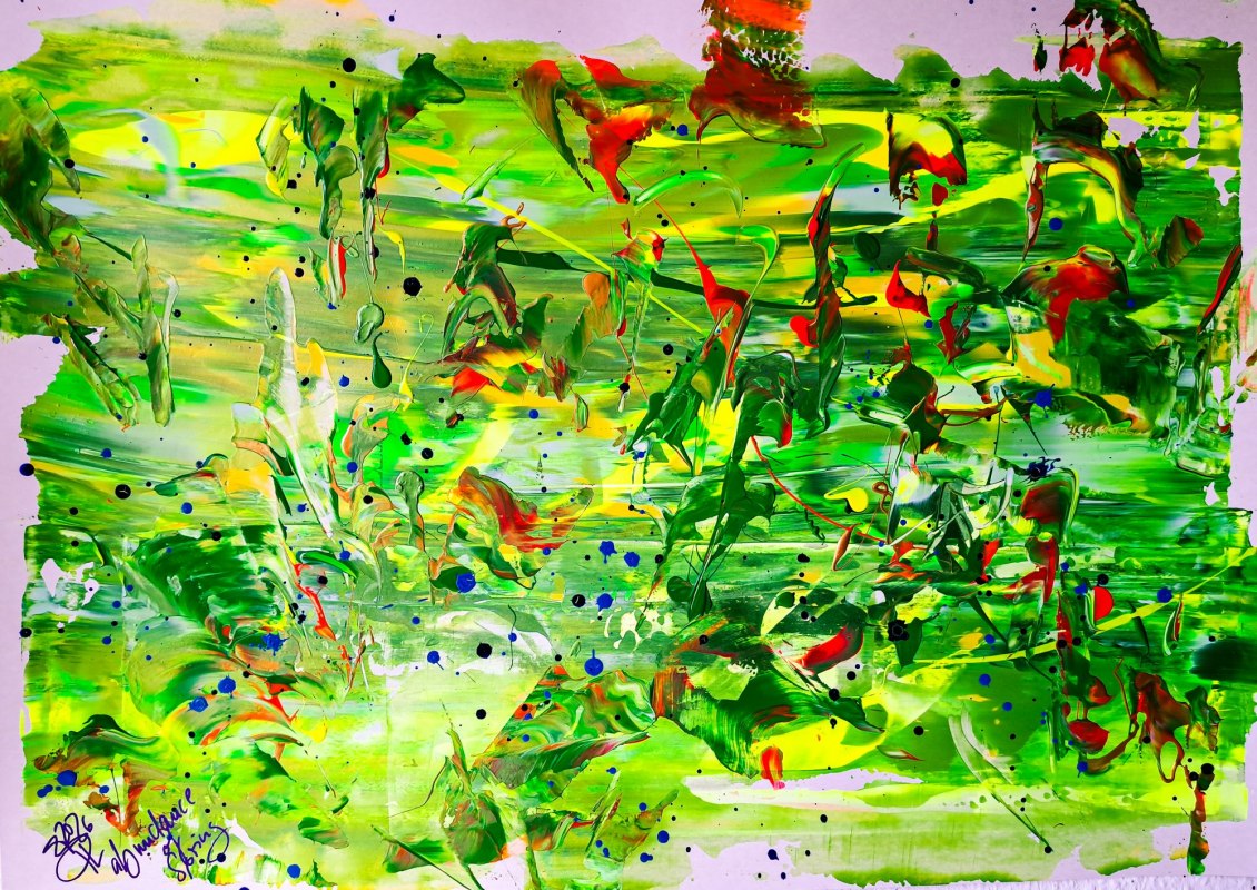 "Overvloed van de lente" - acrylverf op Finn papier - Het groen, blauw, violet, geel en rood van de lentebodes gloeien onder de knoppen van de bomen en inspireren! // &copy; Barbara Harder-Lutz