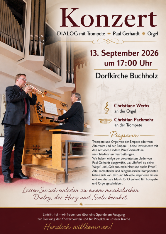 Christiam Packmohr und Christiane Werbs an der Orgel // © Förderverein zur Erhaltung der Dorfkirche Buchholz e. V. Christiam Packmohr und Christiane Werbs an der Orgel // © Förderverein zur Erhaltung der Dorfkirche Buchholz e. V.