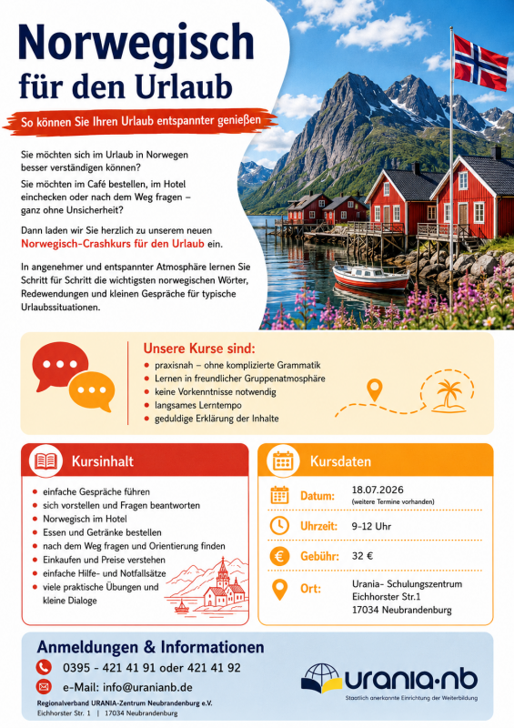 Flyer "Norwegisch für den Urlaub" // © Urania Neubrandenburg Flyer "Norwegisch für den Urlaub" // © Urania Neubrandenburg
